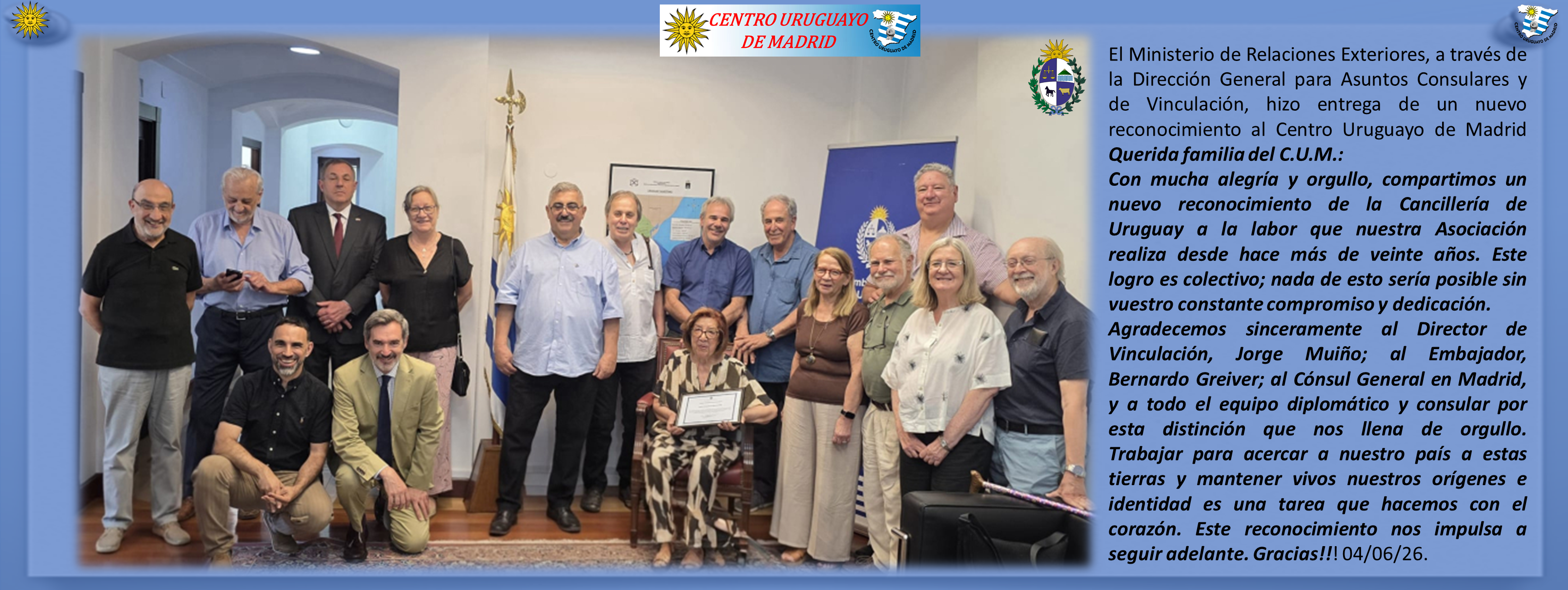 Reconocimiento al Centro Uruguayo de Madrid, DIRECCIÓN DE VINCULACIÓN URUGUAY
